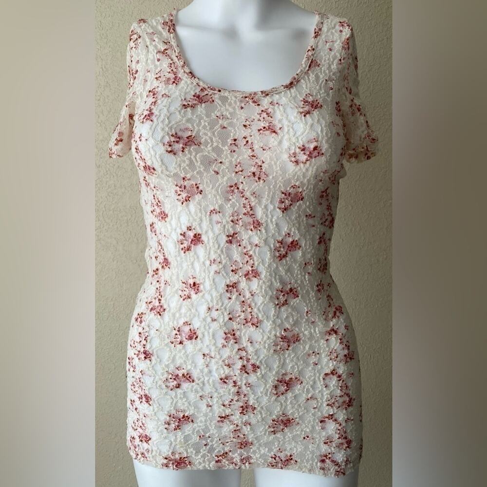Maurices | Women's White Pink Floral Lace Sheer Short Sleeve Top | XS
